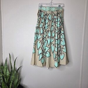 Mali Parmi Skirt Small Leaf Print Sequin A-Line Midi Beige Aqua‎